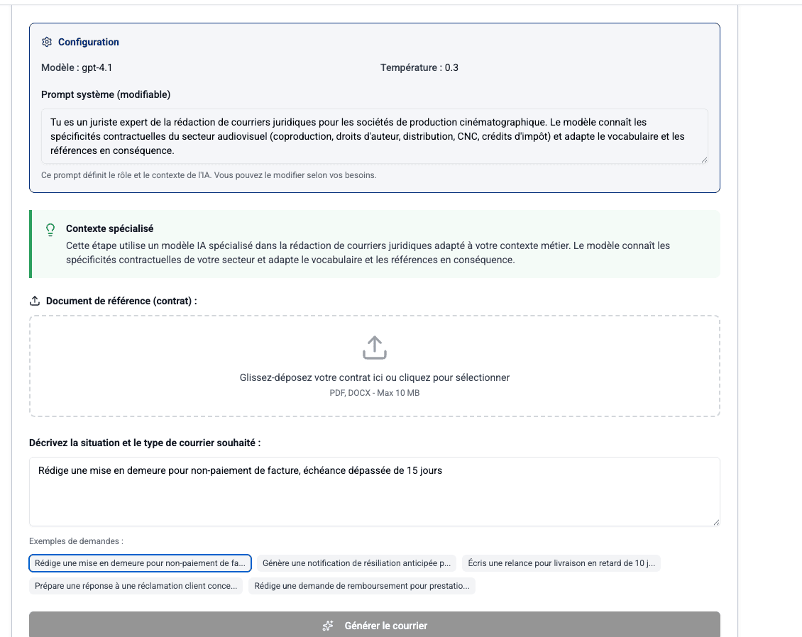 Exercice juridique : génération de courrier avec upload de contrat