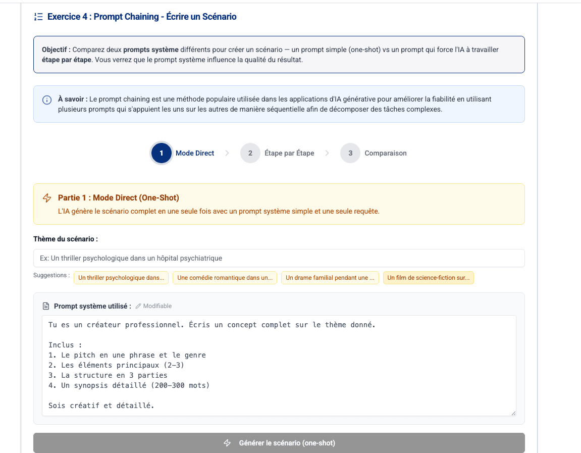 Exercice pratique de prompt chaining sur la plateforme de formation IA