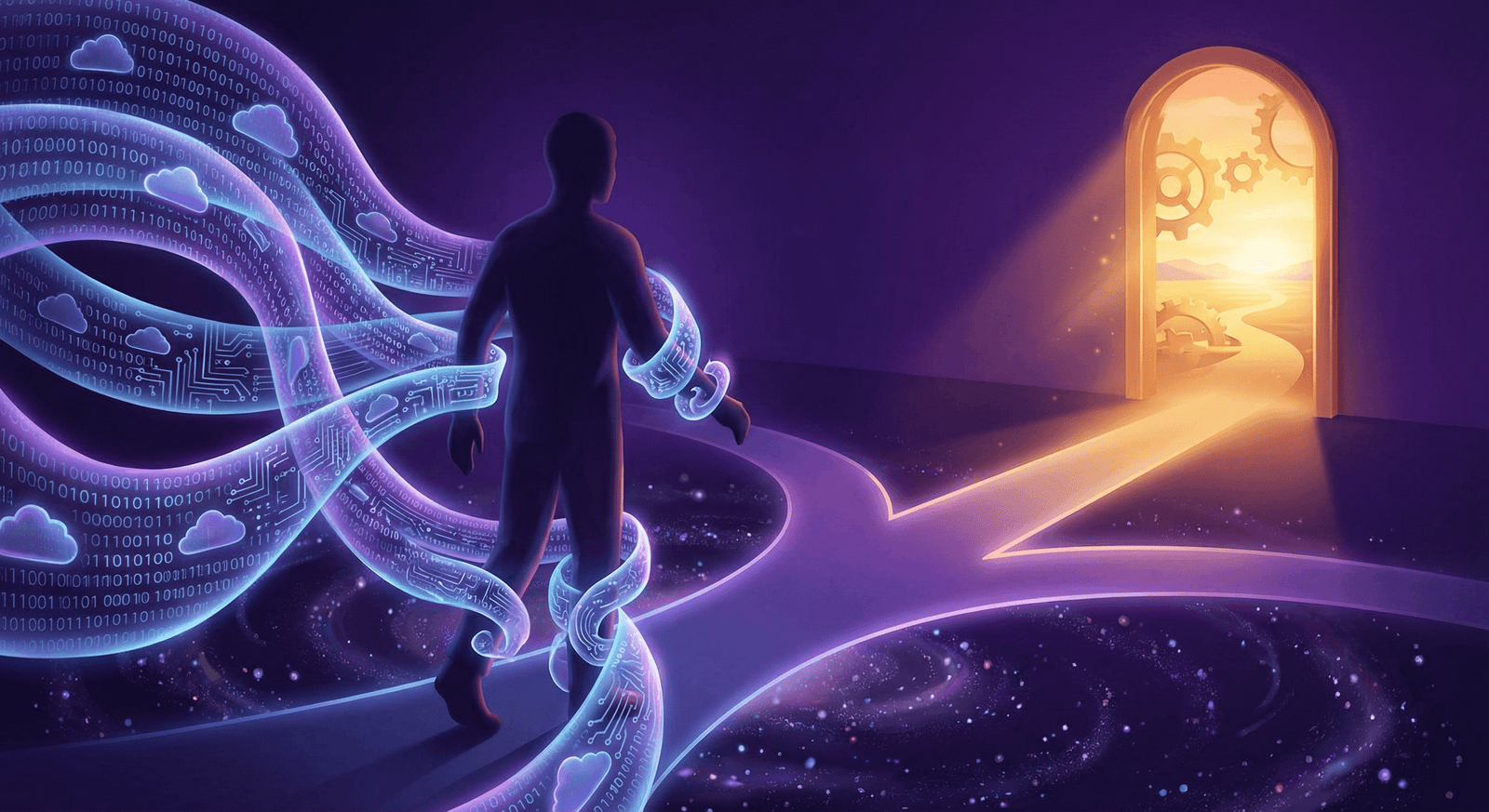 Illustration conceptuelle sur la dépendance technologique et l'IA - silhouette face à un choix entre chaînes numériques et liberté